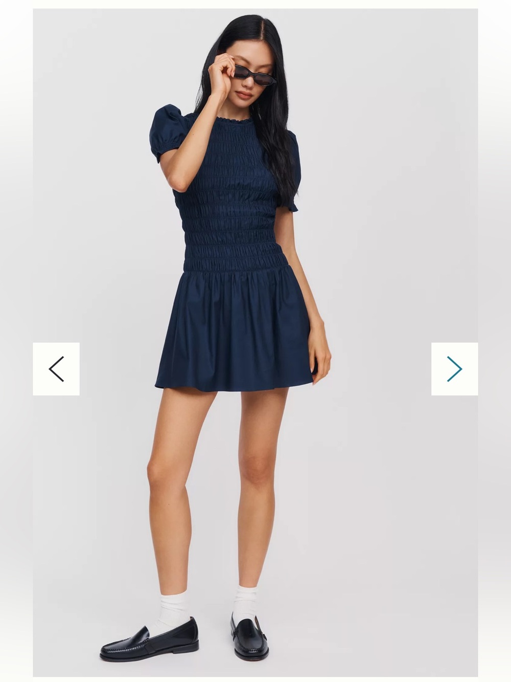 RIHOAS Navy Smocked Puff-Sleeve Mini Dress M EUC